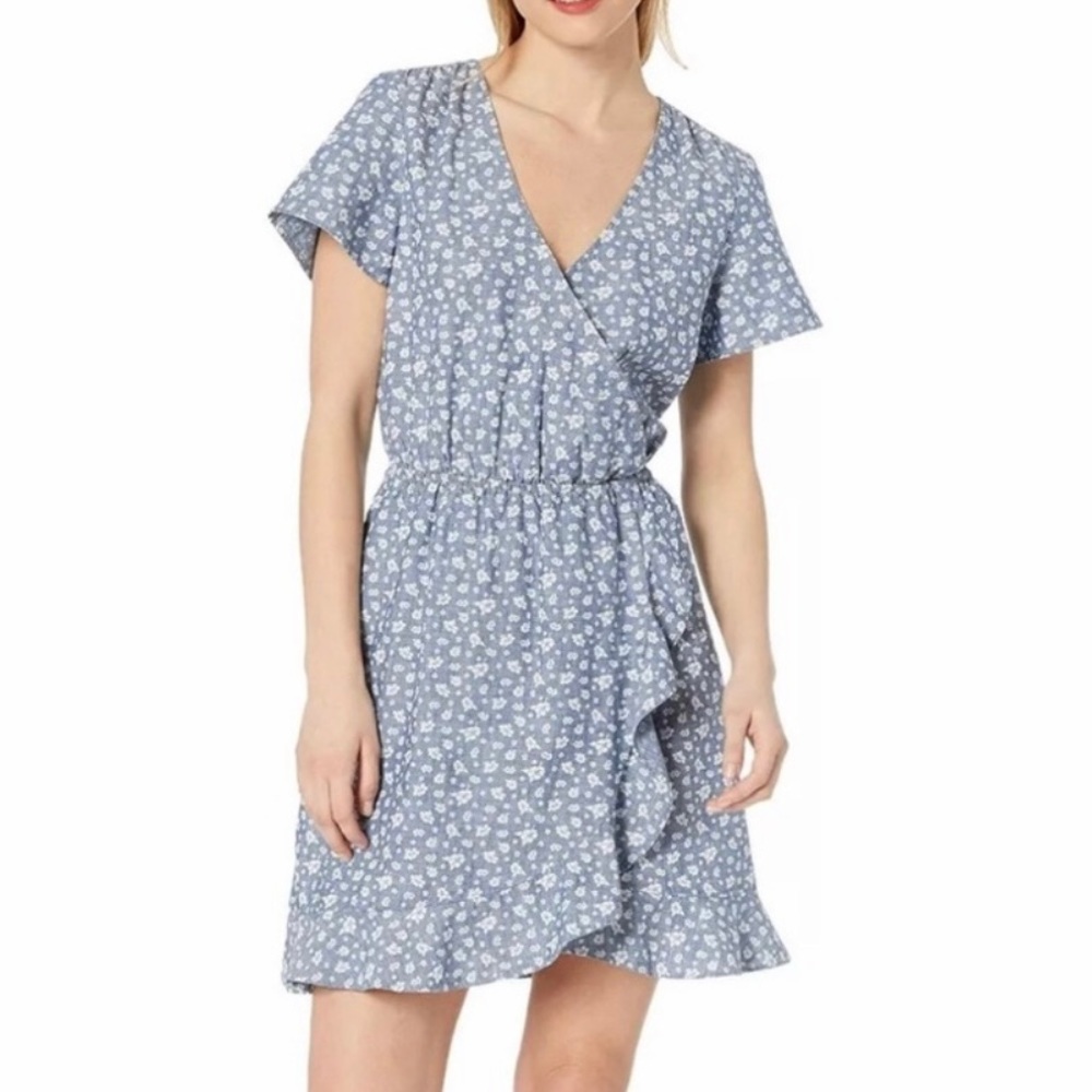 J. Crew Blue Chambray Floral Print Short Sleeve Faux Wrap Shirtdress